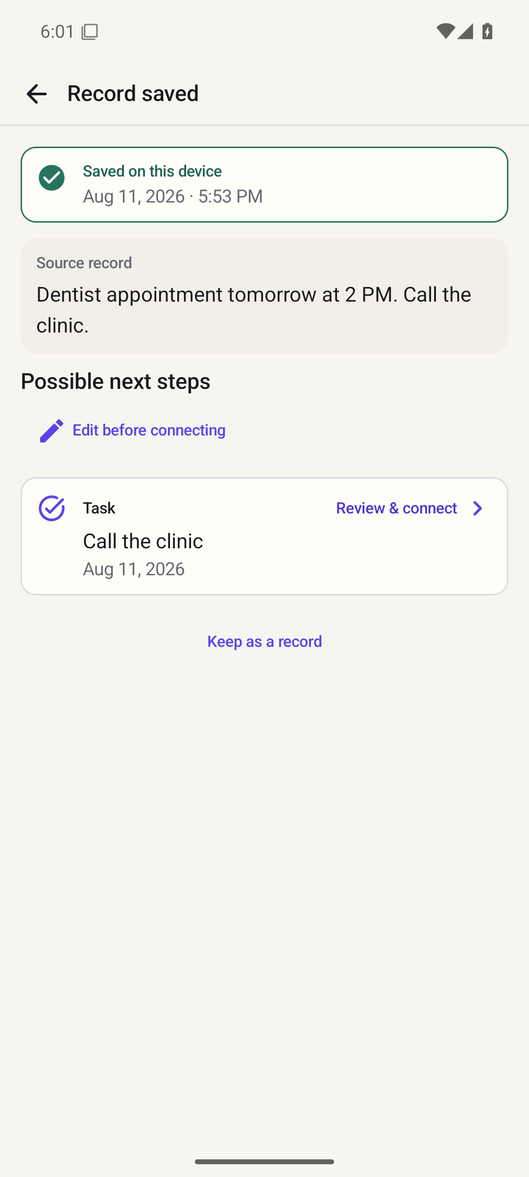 NowNote confirms that a dentist appointment note was saved on the device and suggests a dated task to review.