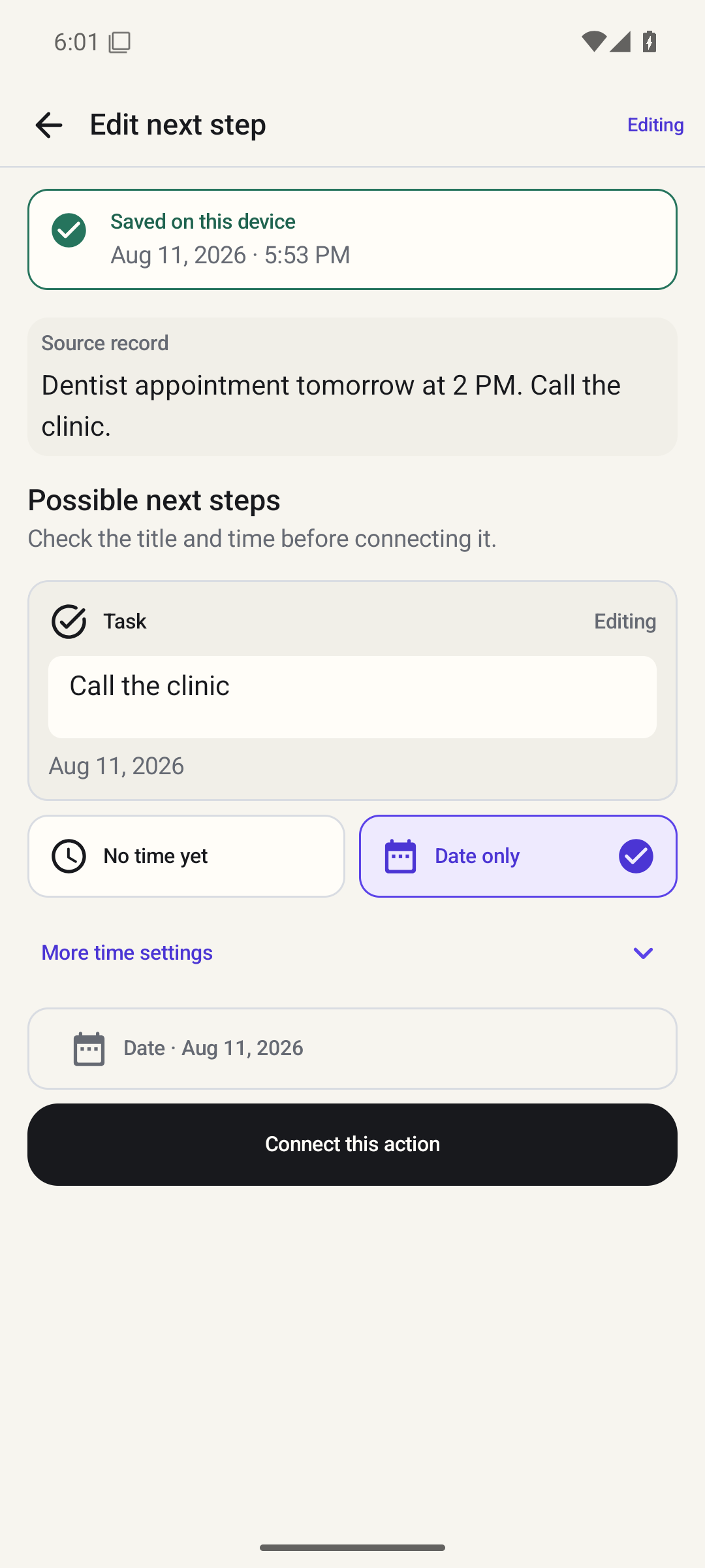 NowNote shows the original note, the suggested task title, and the detected date before the user connects the action.