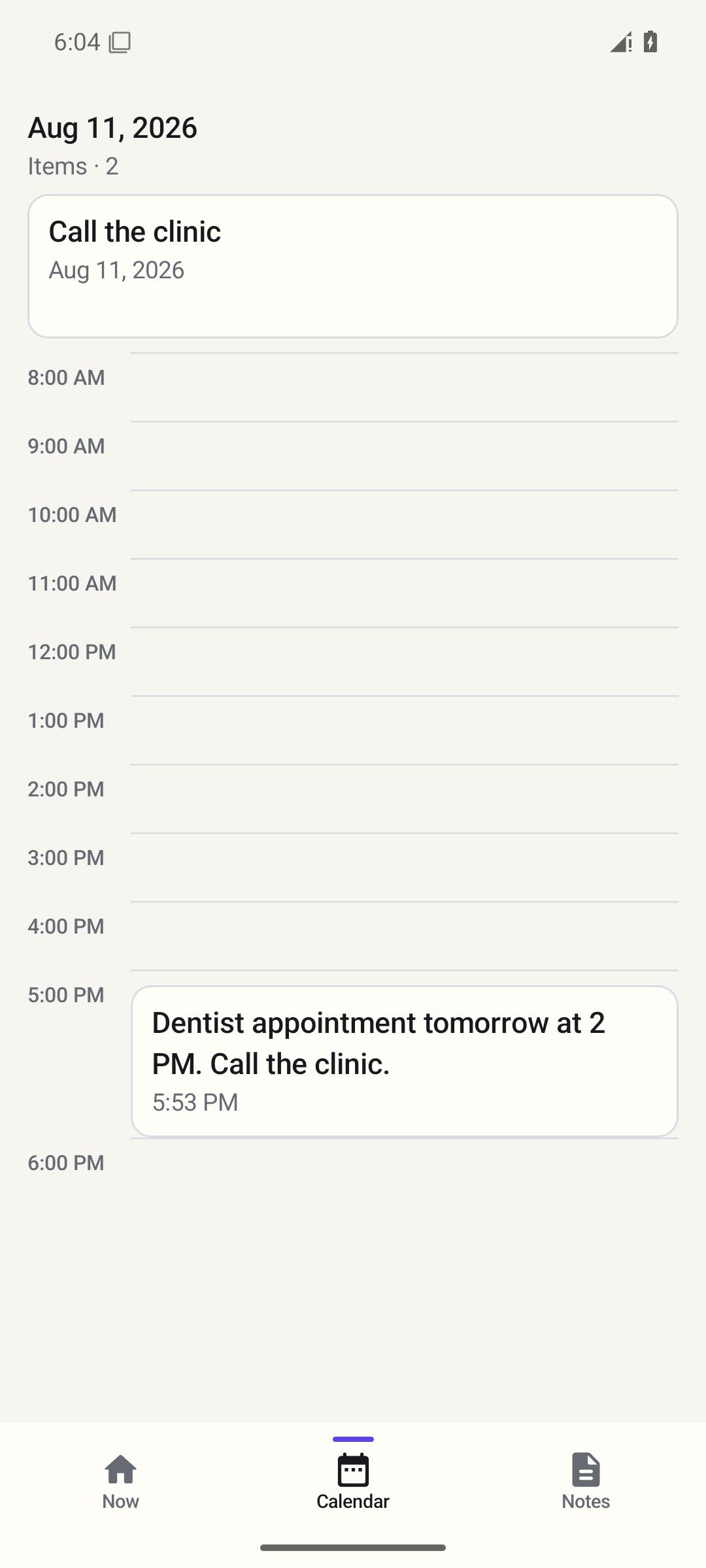 NowNote's calendar opens August 11 and immediately shows the connected task and its source record on that date.