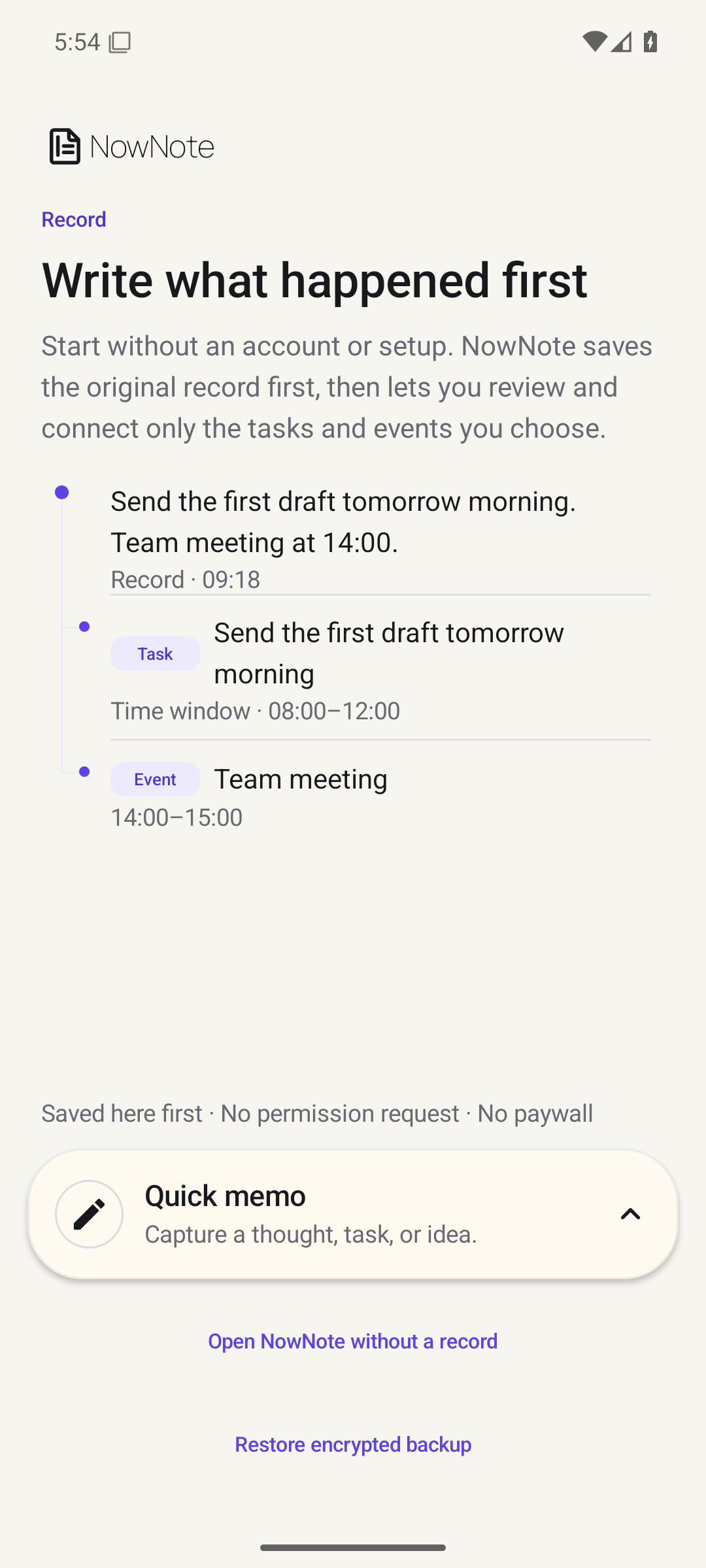 NowNote's English onboarding demonstrates a record, a task, an event, and the quick memo entry point.